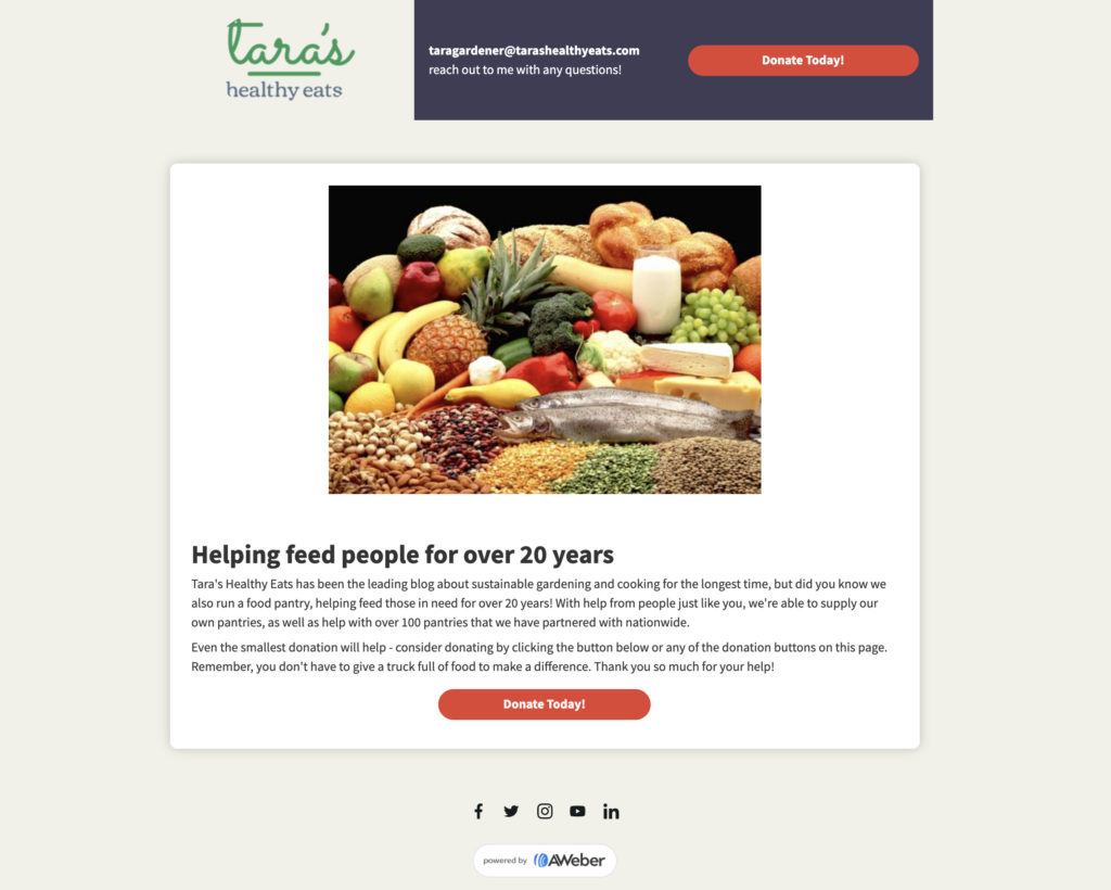 Example of a fundraising landing page in the AWeber platform