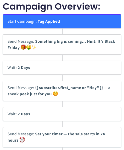 Campaign overview for the Black Friday campaign template, starting with a tag applied and including 3 messages.