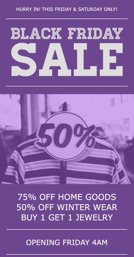 Black Friday sale email template with a purple overlay and including 75% off home goods and more deals.