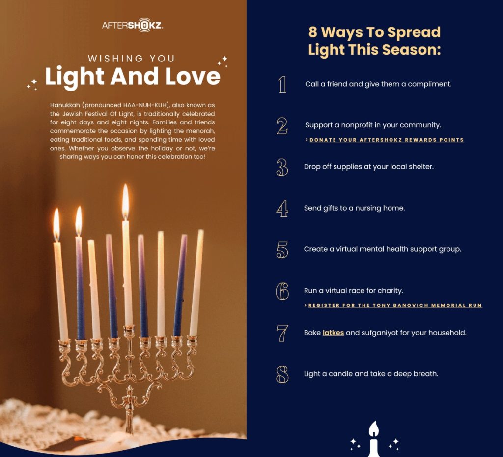 An email from AfterShokz that shows a menorah and gives 8 ways to spread light this season.