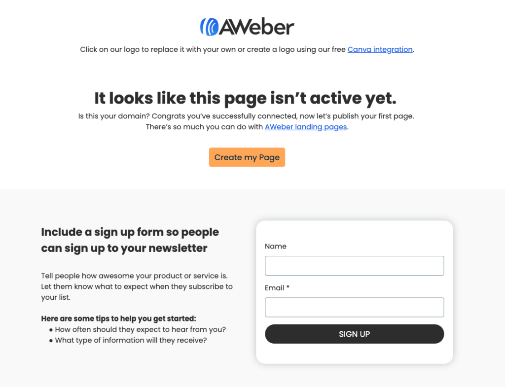 Landing page 404 starts by saying "It looks like this page isn't active yet" then gives more useful information and tips.