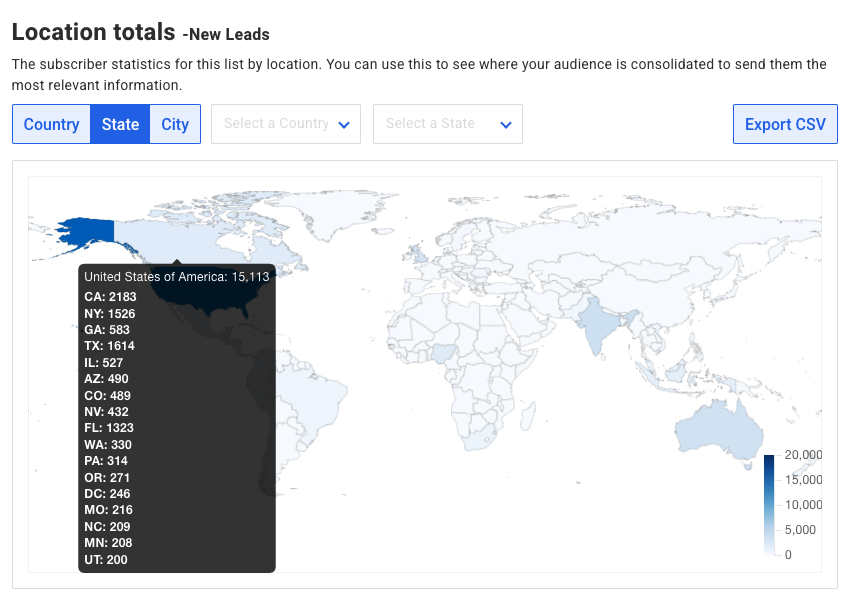 The location map shows the whole world, but with the cursor hovered over the U.S., you can see the to 17 states and the number of subscribers in each state.