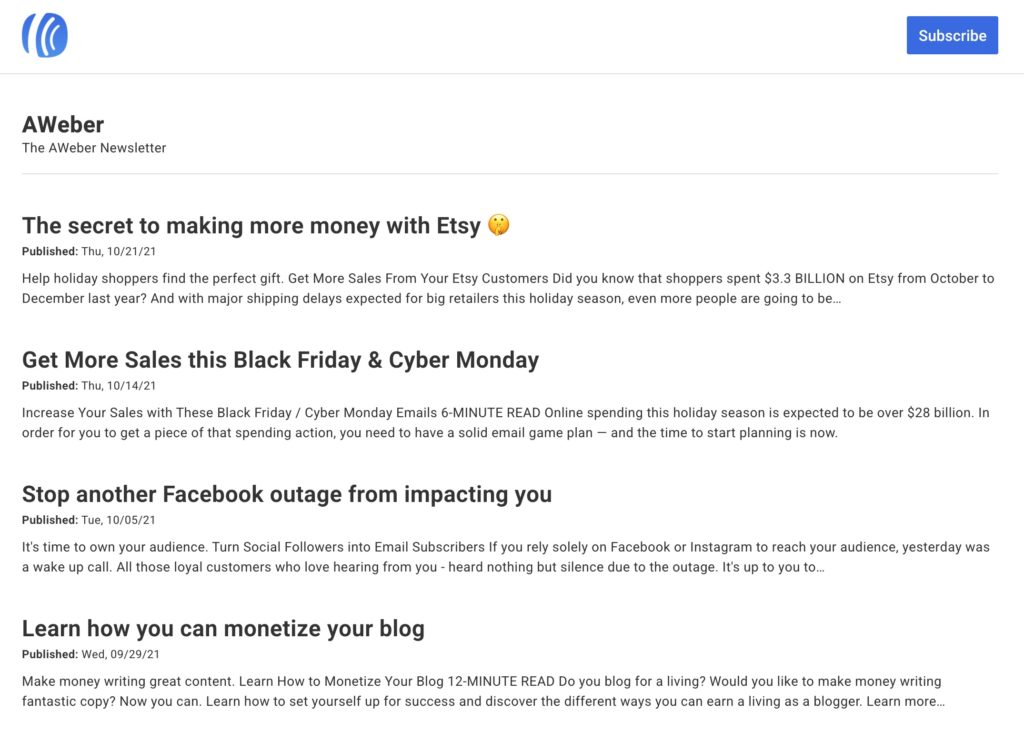 The AWeber Newsletter Hub including the past 4 broadcast emails with topics Etsy, Black Friday, Facebook outage, and monetizing your blog.