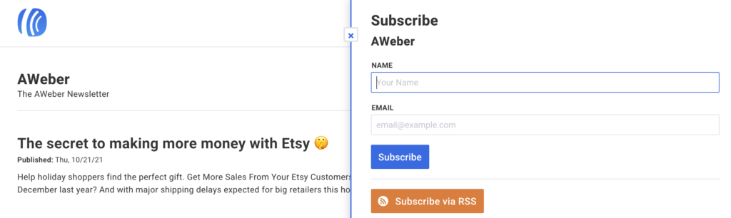 A subscribe form that slides out on the Newsletter Hub.