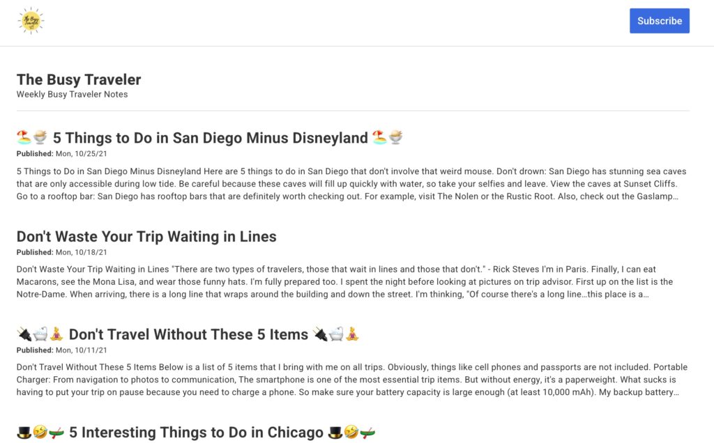 The Busy Traveler's Hub with 4 recent emails: San Diego, Avoiding Lines, 5 items to travel with, and Chicago.