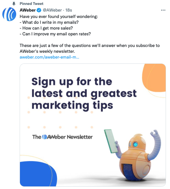 AWeber newsletter signup pinned to top of Twitter