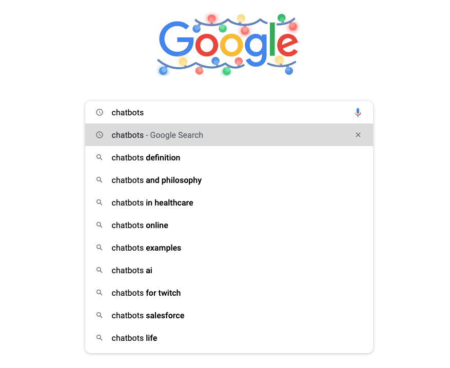 Example of Google autocomplete when searching for keyword chatbots