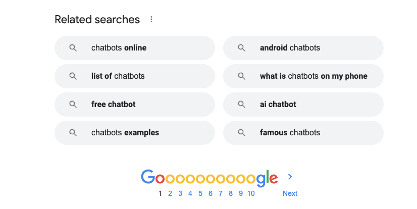 Example of Google Related Searches when searching for keyword chatbots