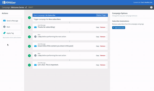 Adding a tag at the beginning of a campaign in AWeber.