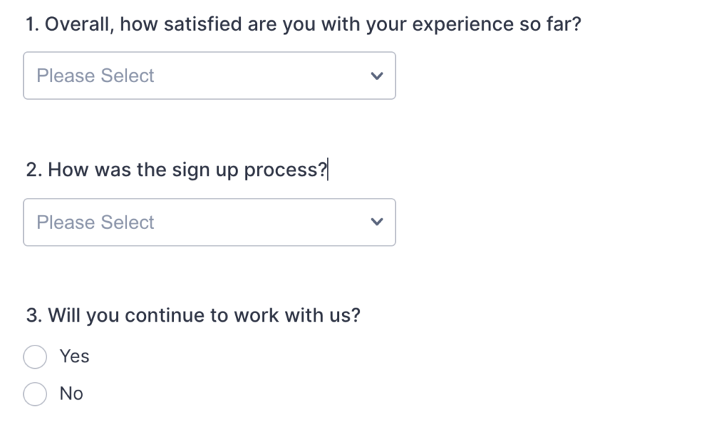 Initial questionnaire asking "Overall, how satisfied are you with your experience so far, how was the sign up process, and will you continue to work with us?"