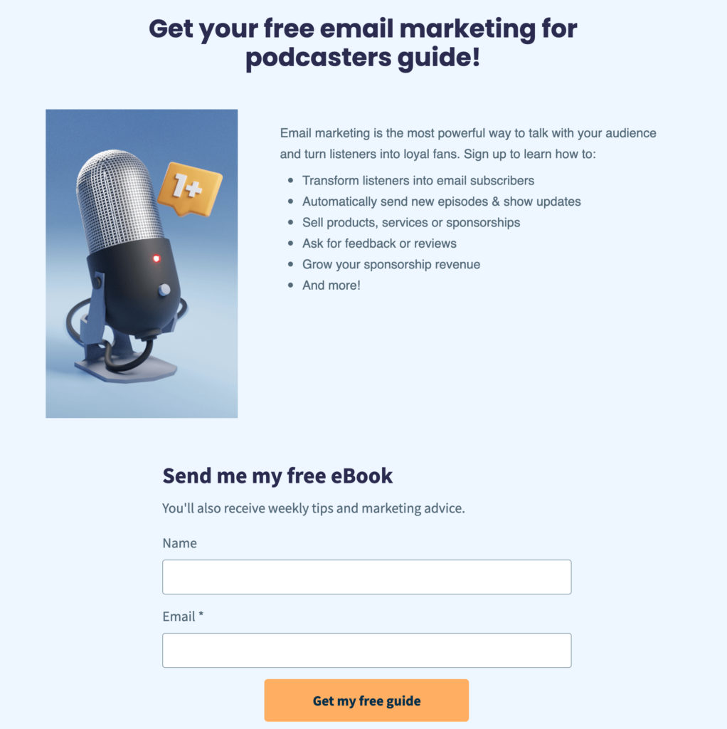 A signup landing page that says "Get your free email marketing for podcasters guide!"