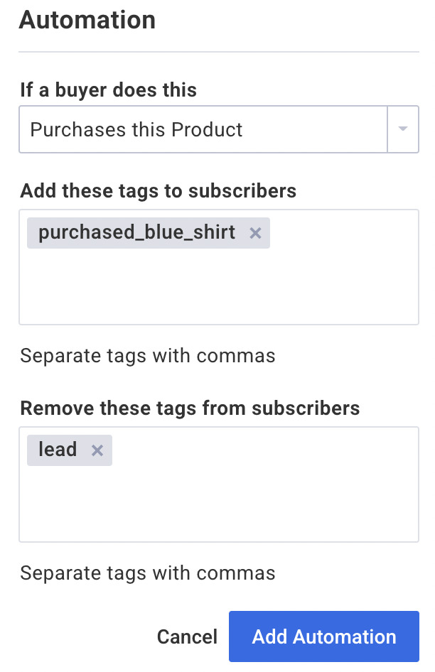 Adding a tag when someone purchases a product on your AWeber ecommerce landing page.