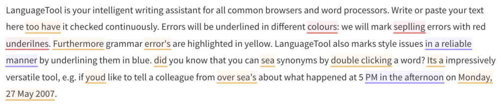 An example of LanguageTool highlighting spelling and grammar mistakes.