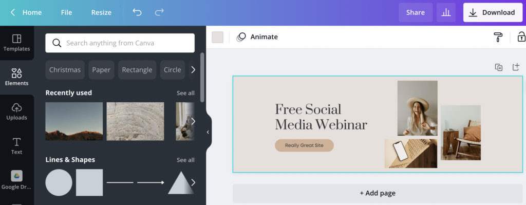 Creating a banner in Canva that says Free Social Media Webinar.