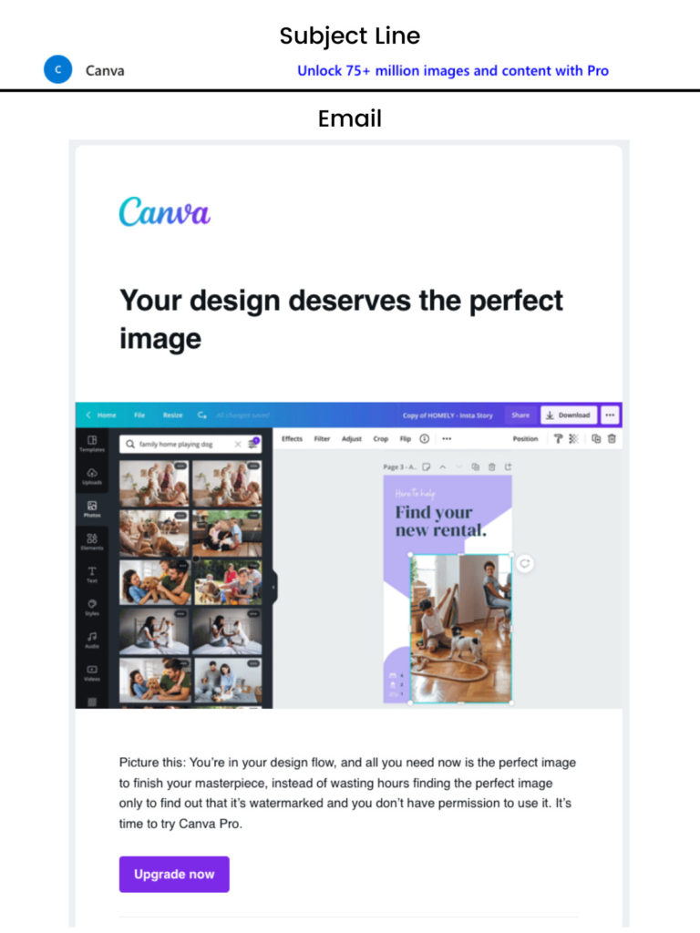 Email example from Canva showing how the subject line and email copy align