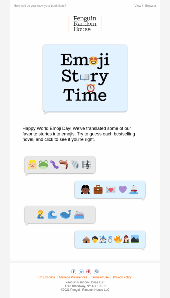 Email from Penguin Random House - with an Emoji game in email