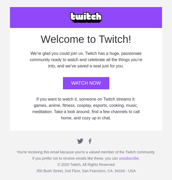 Welcome email from Twitch