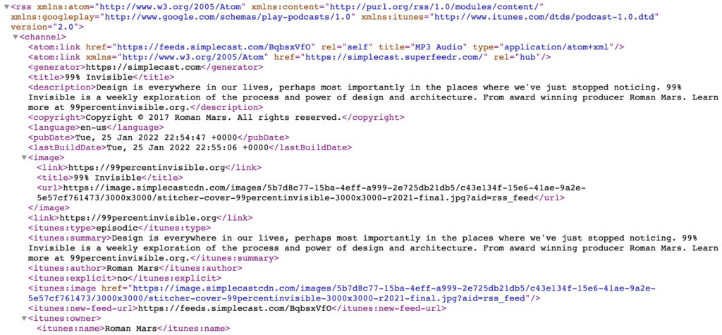 99% Invisible's podcast RSS feed in XML format.