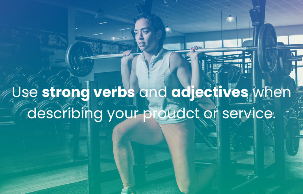 Woman lifting weights. Photo represents using strong verbs and adjectives.