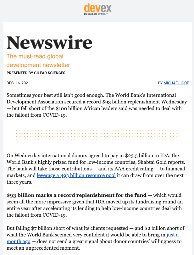 Newsletter example from Newswire