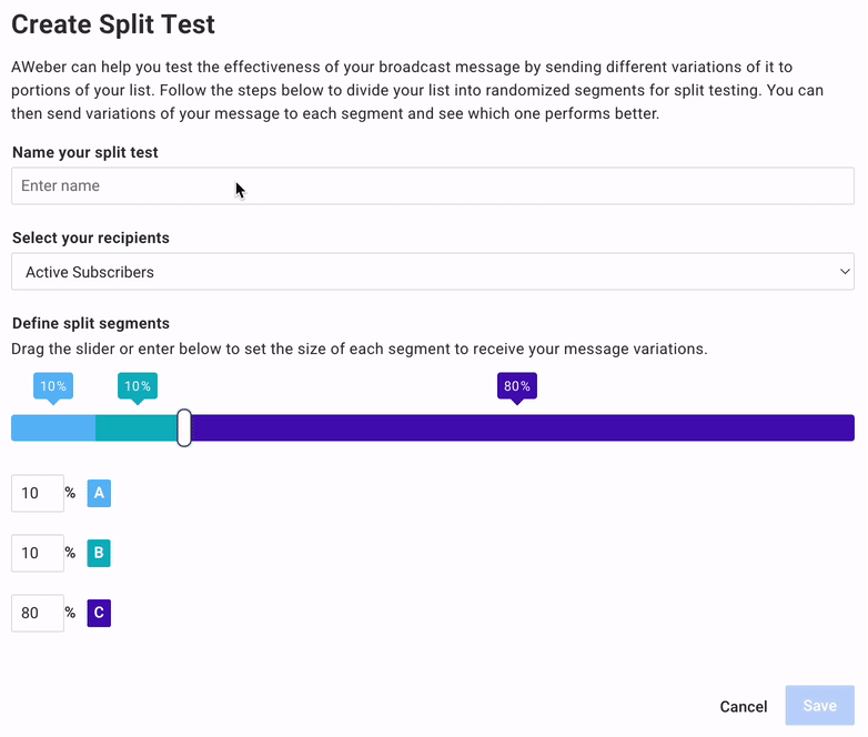 A GIF showing naming a split test and dragging the split segment to 50%/50%.