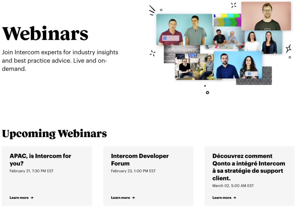 example showing off the webinars that Intercom offers