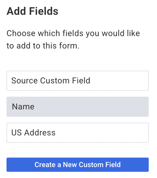 Add Fields section of the sign up forms in AWeber, with a button that says "Create a New Custom Field."