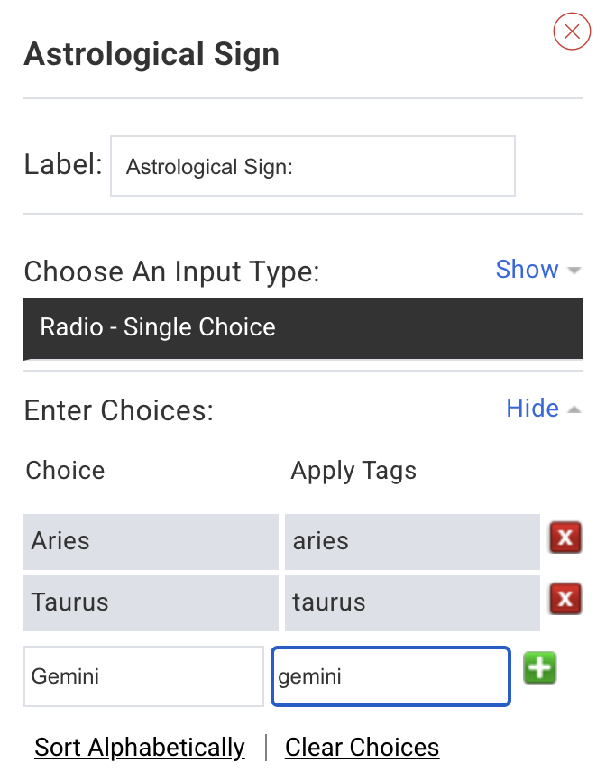 Sign up form example with name Astrological Sign and options Aries, Taurus, and Gemini.