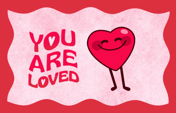 GIF d'un cœur qui rebondit avec le message "Tu es aimé"