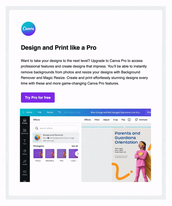 GIF in Canva Marketing Email showing how to illustrate a product