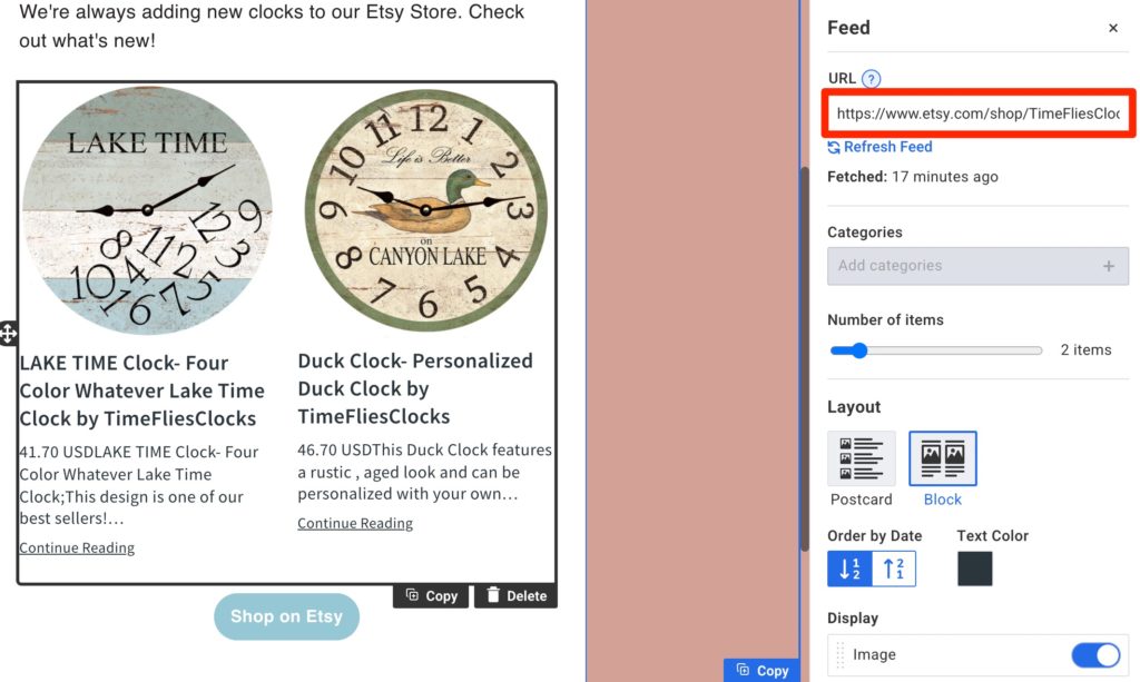 An example Etsy store URL added to the Feed element in AWeber, with two clocks for sale in the feed.