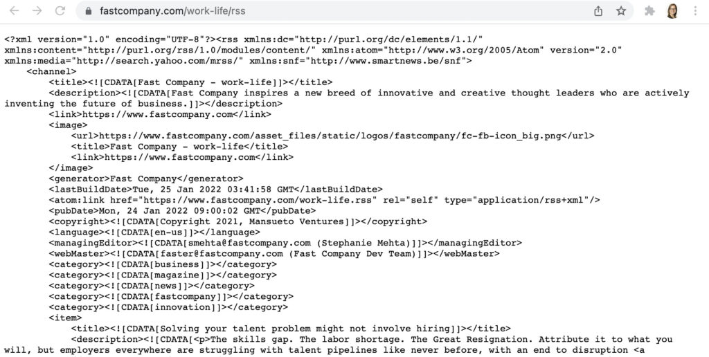 Fast Company's Work Life RSS feed in XML format.