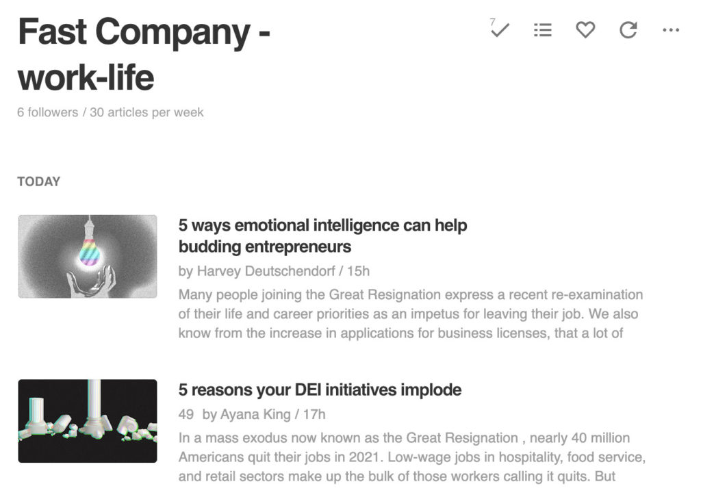 Fast Company's Work Life RSS feed as it's shown in Feedly.