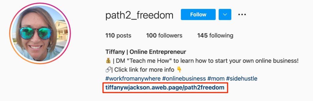 Tiffany's instagram page, including the link to her page built on AWeber.