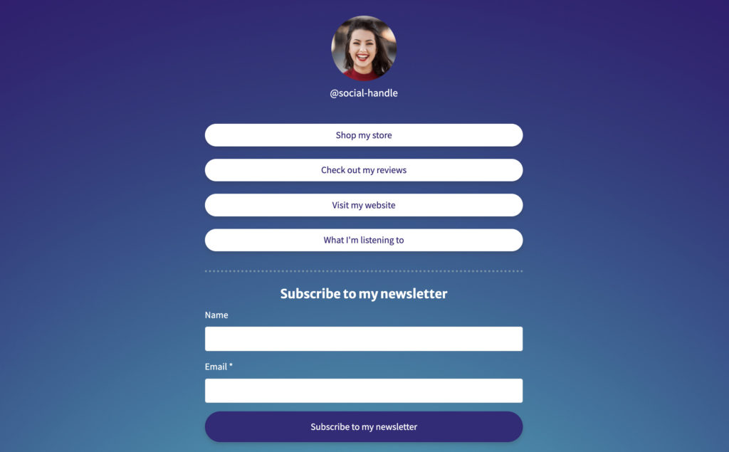 A landing page template shown on a desktop view with a headshot, handle, 4 buttons, and a newsletter sign up form.