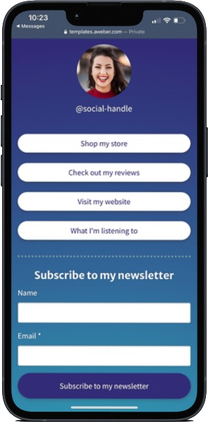 LinkTree-style landing page template shown on a smartphone.