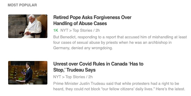 New York Times homepage's RSS feed as it's shown in Feedly.