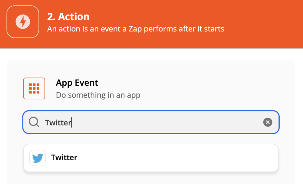 Zapier example of an "Action" with a search for "Twitter."