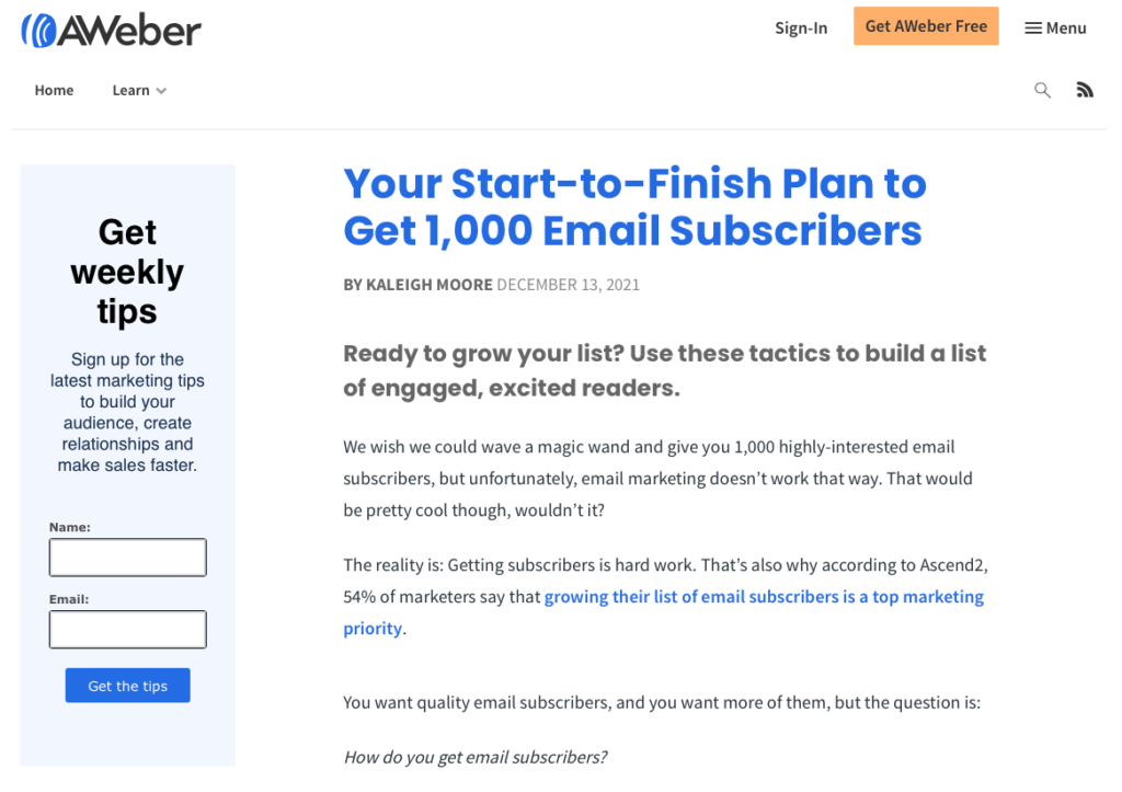 AWeber Newsletter signup on side of blog posts