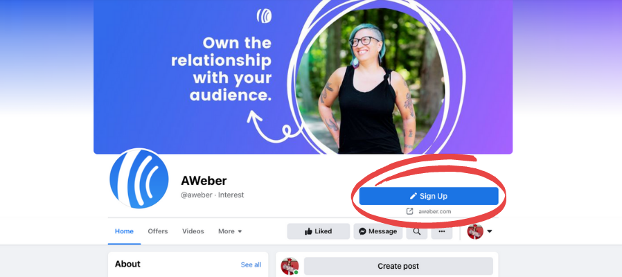 Facebook sign up button on AWeber's business page