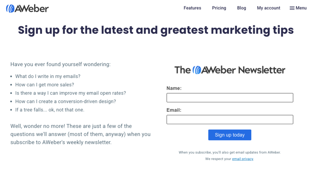 AWeber Newsletter sign up landing page