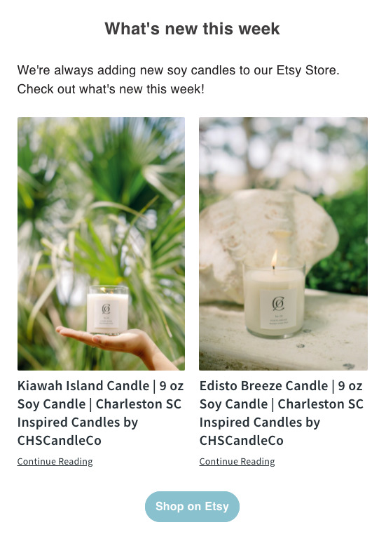 An example of the most recent products from an Etsy store that sells candles, embedded side-by-side in an email update.
