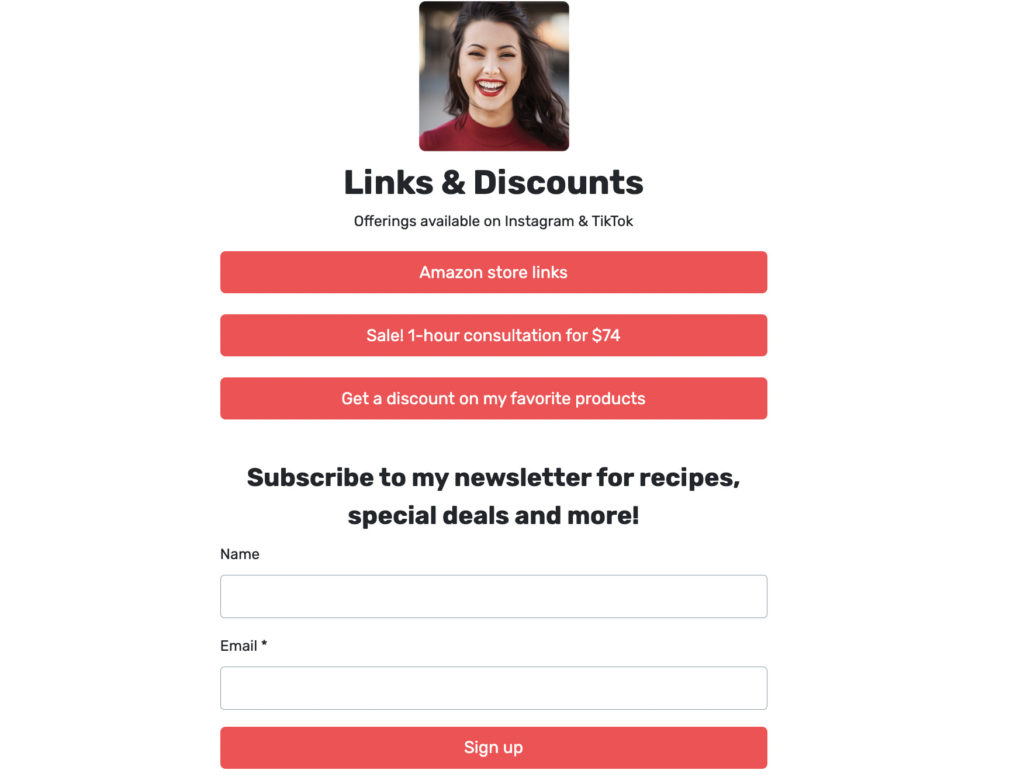 Links and discounts landing page with a newsletter sign up.
