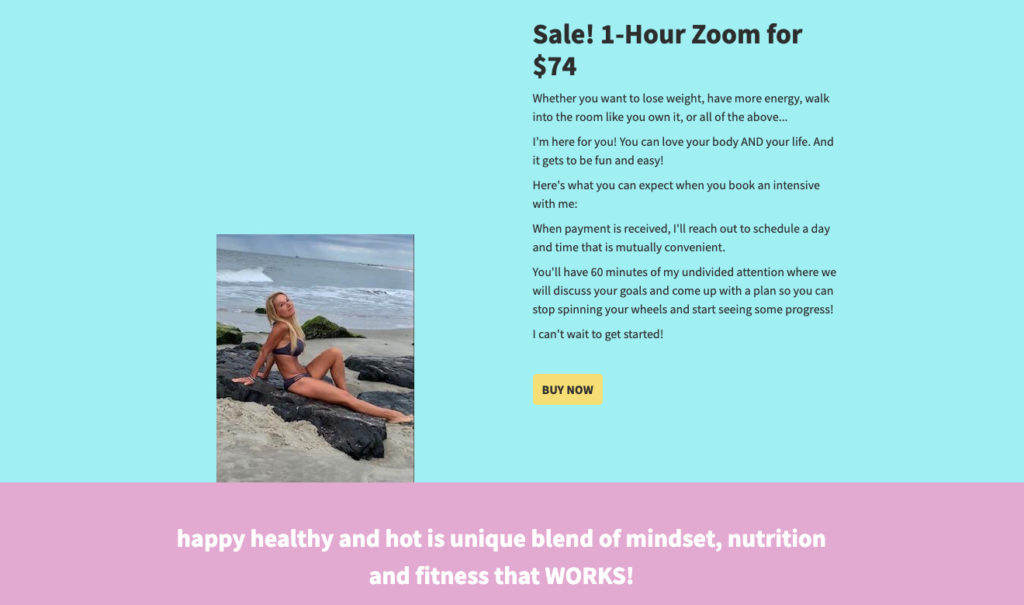 A landing page that says "Sale! 1-Hour Zoom for $74."
