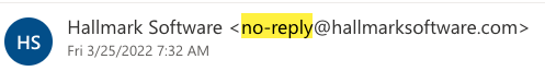 Email example from Hallmark using a noreply email address