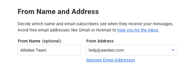 Screen shot in AWeber showing how to set up the from address