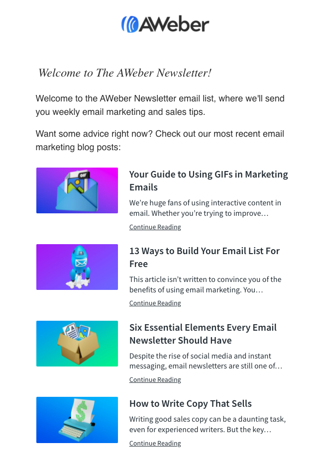 An example of the AWeber Newsletter including recent blog posts about email marketing.