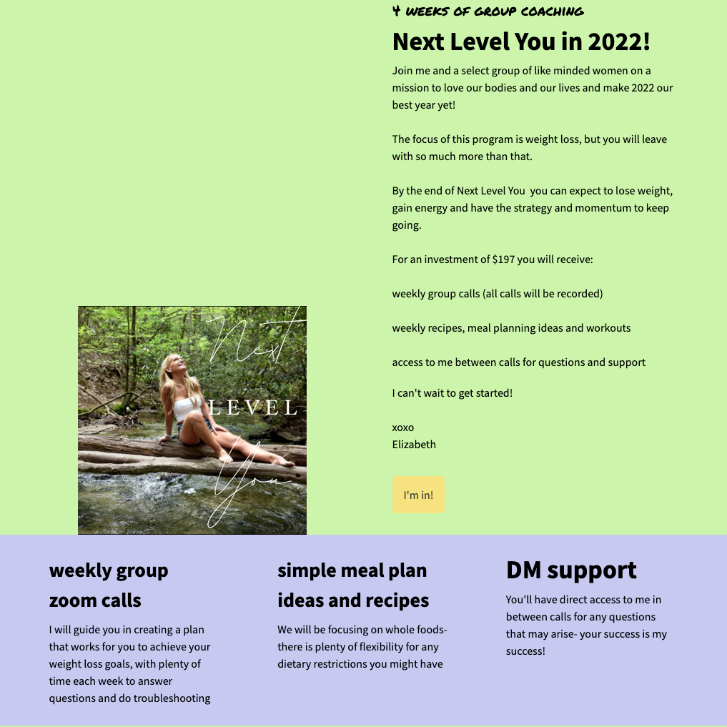 A landing page that says "4 weeks of group coaching. Next Level You in 2022!"