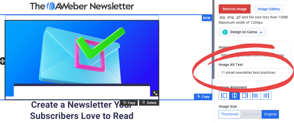 AWeber platform showing where to add the Image Alt Text
