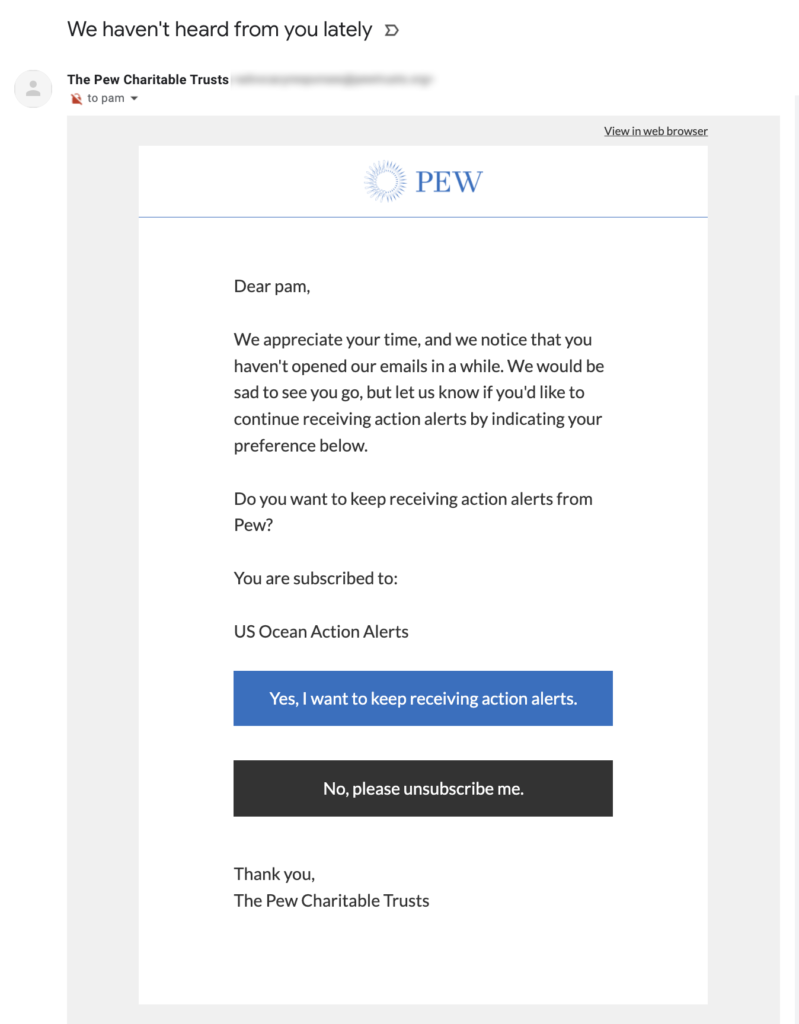 win-back email example from Pew